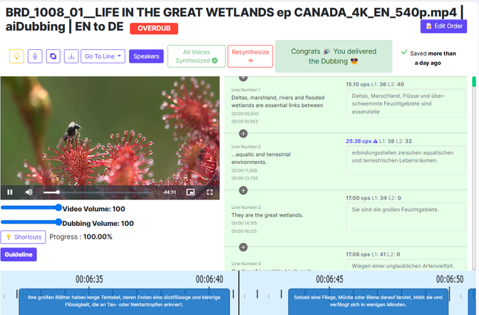 OLabs AI dubbing studio. A nature doc plays with English/German subtitles. Users edit translations, adjust volume, and resynthesize voices. Progress bar and chat feature are visible.