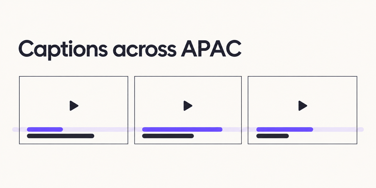 Three video panels with different subtitle line lengths align to a common purple baseline for multilingual captioning.