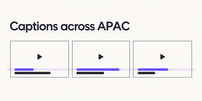 Three video panels with different subtitle line lengths align to a common purple baseline for multilingual captioning.