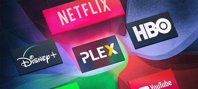 A collage of logos for popular streaming services including Netflix, Disney+, Plex, HBO, and YouTube.