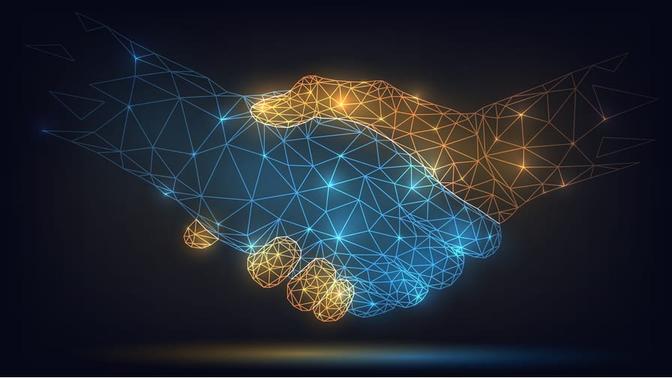 Digital illustration of two geometric hands shaking, composed of interconnected glowing lines and nodes. The left hand is blue, and the right hand is orange, set against a dark background. The image represents technological connection and collaboration.