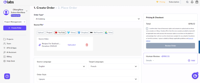 OLabs' order creation page. Having completed necessary steps, the user sees a notification which asks consent and permissions about dubbing.