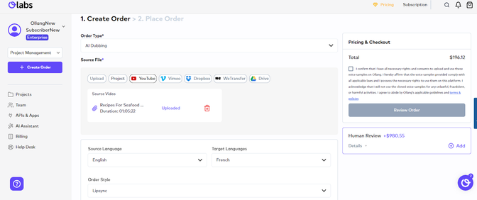 OLabs' order creation page. Having completed necessary steps, the user sees a notification which asks consent and permissions about dubbing. 