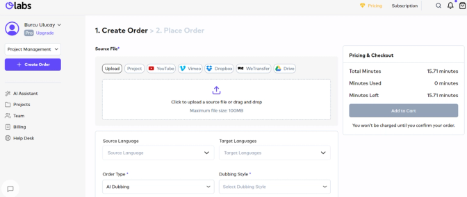 A screenshot of the OLabs dashboard for creating an order. The dashboard shows options to upload a source file, select project type, target languages, and dubbing style.
