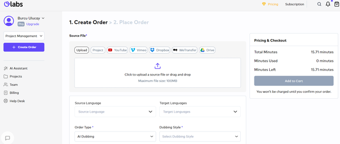 A screenshot of the OLabs dashboard for creating an order. The dashboard shows options to upload a source file, select project type, target languages, and dubbing style.