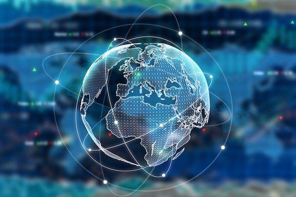 Blue background with globe and floating dots.