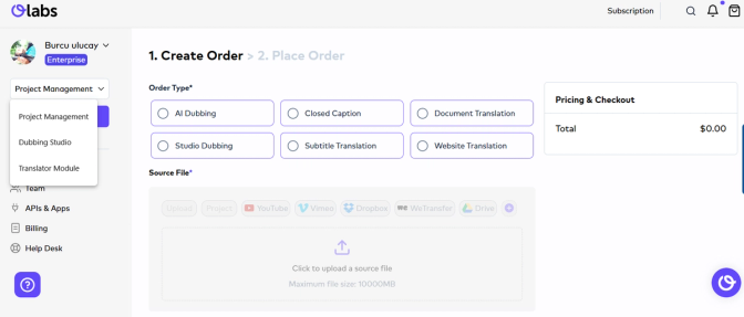 Screenshot of OLabs’ order creation interface. Users select from options like AI Dubbing, Studio Dubbing, Closed Caption, Subtitle Translation, Document Translation, and Website Translation.