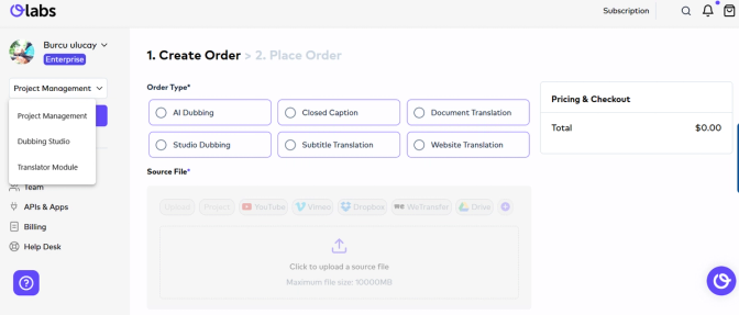 Screenshot of OLabs’ order creation interface. Users select from options like AI Dubbing, Studio Dubbing, Closed Caption, Subtitle Translation, Document Translation, and Website Translation.