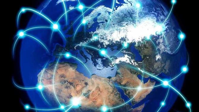 A digital illustration of a dark space with a brightly lit globe. The globe has a network of glowing connections surrounding it.