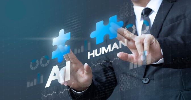 An illustration of a human hand reaching out to touch a digital interface displaying artificial intelligence concept.