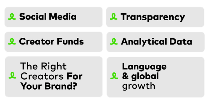 An image illustrating the primary issues the creator economy faces, including social media, transparency, creator funds, analytical data, and finding the right creators.