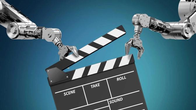 Robotic arms holding a clapperboard, symbolizing the rise of AI in filmmaking.