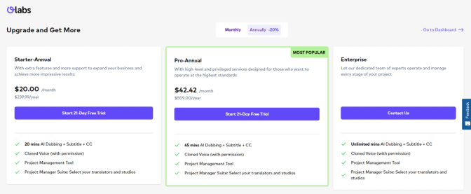 A screenshot of OLabs pricing plans for video translation services. There are three tiers: Starter, Pro, and Enterprise, with each different features and tools.