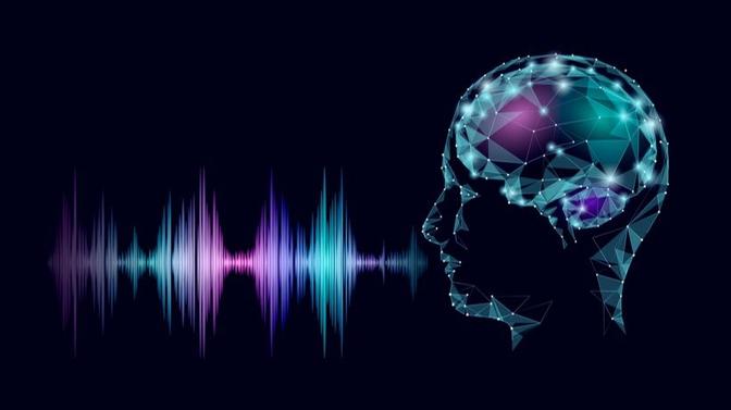 A digital illustration of a human head. The brain is visible inside the head, and wavy lines extend outward to represent thought or sound waves.