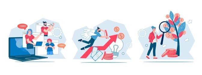 A colorful illustration featuring three scenes of people interacting with technology and business elements. includes online communication, innovative thinking with gears and flying papers, and investment growth with coins and trees.