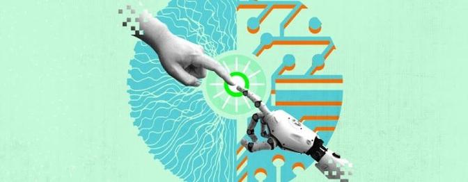 A human hand gently touching a metallic robotic hand.