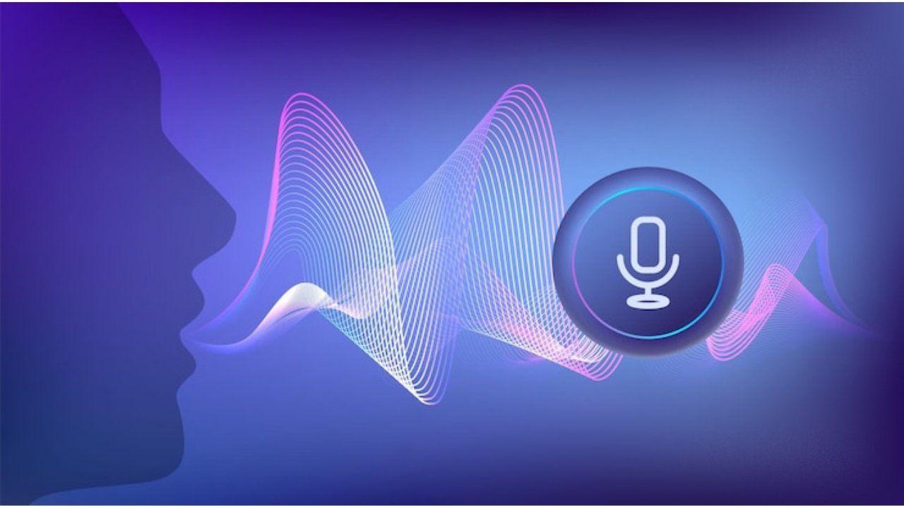 A person talking into a microphone with a sound wave behind them. This image likely represents a virtual assistant or someone using voice control technology.