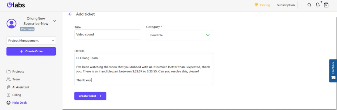 A user interface for submitting questions and tracking support requests within the OLabs platform.