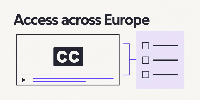 A video caption panel aligns with an accessible-content checklist on a pale lavender document.