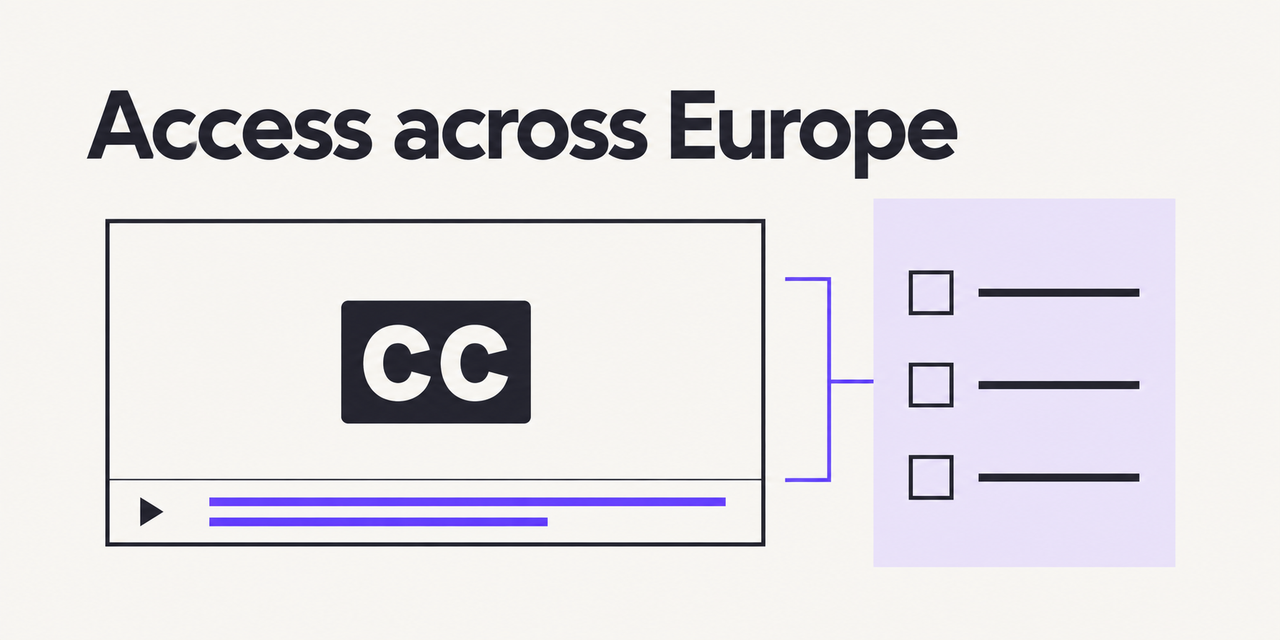 A video caption panel aligns with an accessible-content checklist on a pale lavender document.