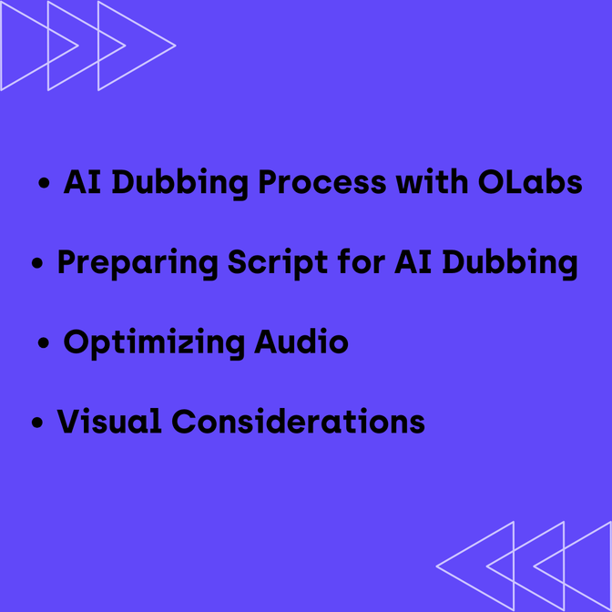 This image highlights key steps for AI dubbing, including the process with OLabs, script preparation, audio optimization, and visual considerations for effective localization.