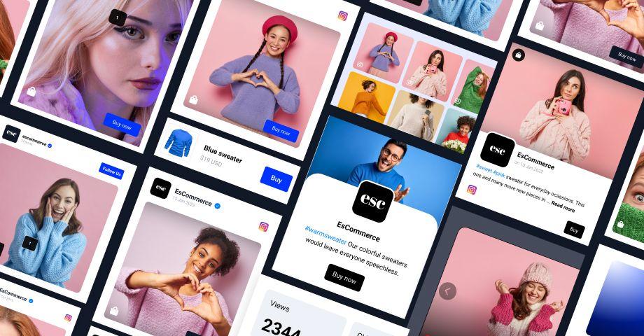 A collage of diverse people displayed in various social media post frames, each expressing different emotions and gestures. some posts include promotional content and shopping options.