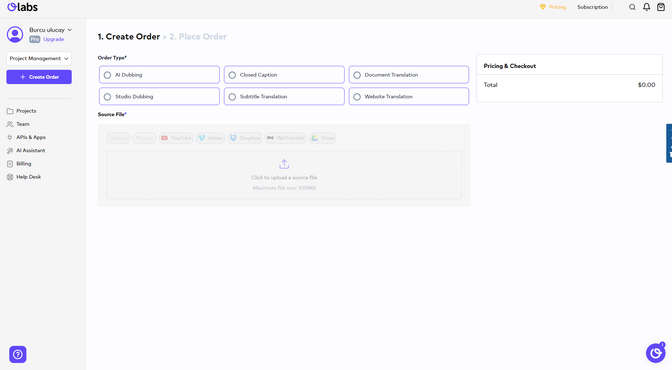 OLabs' order creation page. Several solutions are listed including AI dubbing, closed captions, studio dubbing and subtitle translation.