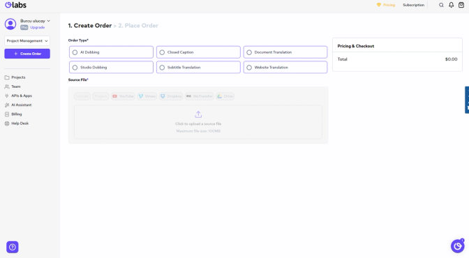 OLabs' order creation page. Several solutions are listed including AI dubbing, closed captions, studio dubbing and subtitle translation.