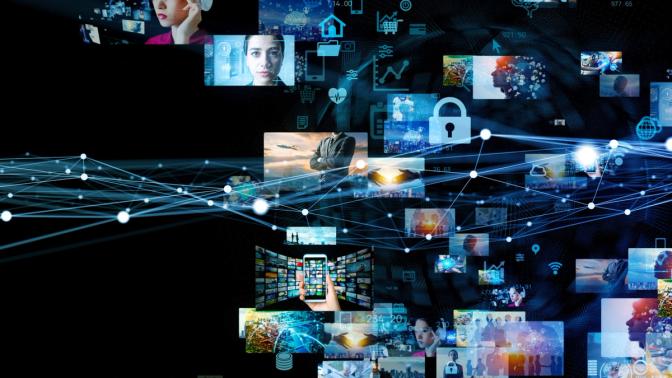 A high-tech digital interface merging with physical reality, illustrating the future of digital transformation.