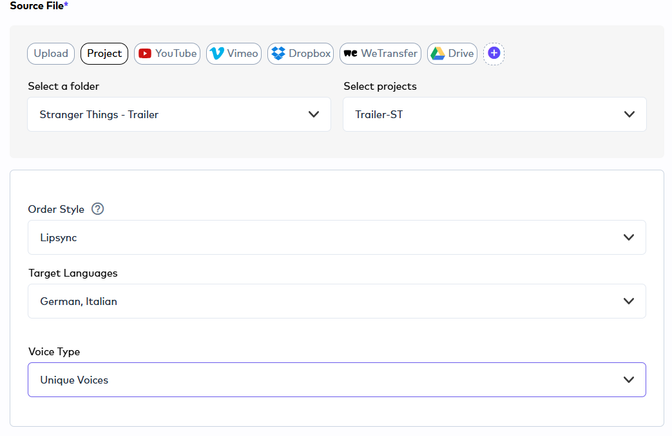 Screenshot from Ollang's AI dubbing platform, Step 2, showing options for order style (Lip-sync), target languages (German, Italian), and voice type (Unique Voices) for the 'Stranger Things - Trailer' project.