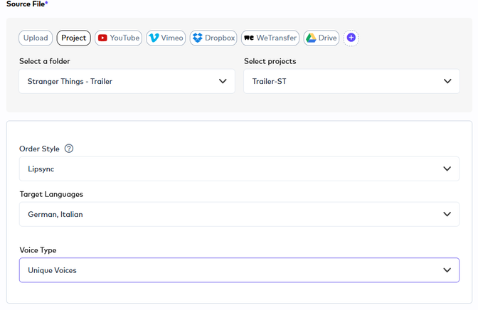 Screenshot from Ollang's AI dubbing platform, Step 2, showing options for order style (Lip-sync), target languages (German, Italian), and voice type (Unique Voices) for the 'Stranger Things - Trailer' project.