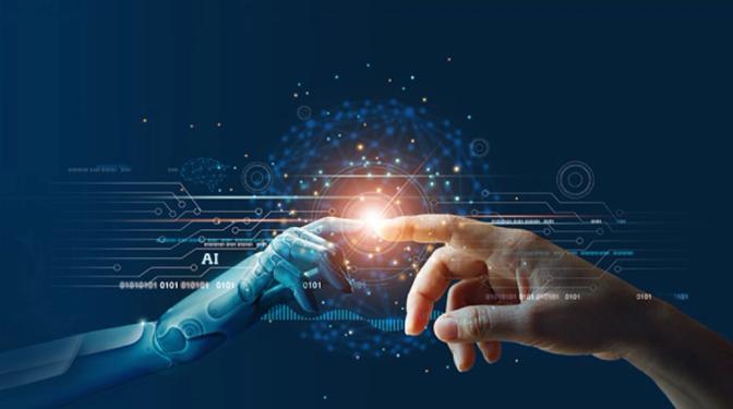 A human hand touches a robotic hand, perhaps signifying a human-machine partnership or interaction.