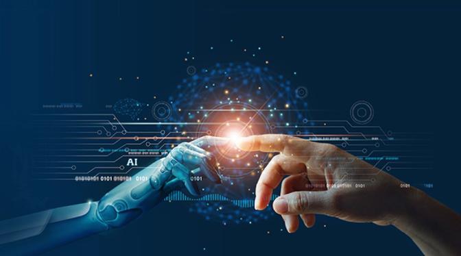 A human hand touches a robotic hand, perhaps signifying a human-machine partnership or interaction.