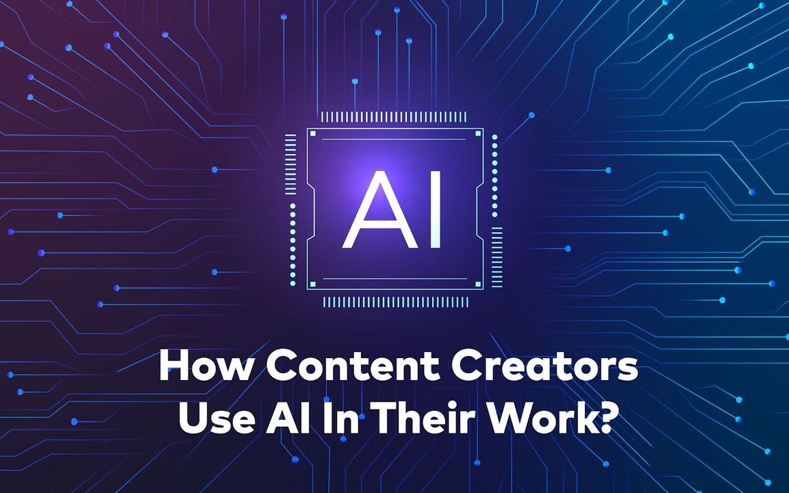 An illustration of a neon ai chip framed by digital circuitry, overlaid with text "how content creators use ai in their work" on a dark blue background.