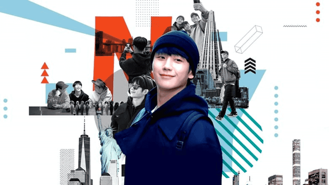 Person in a blue jacket and hat standing in front of recognizable American landmarks, highlighting the global reach of Korean artists on Netflix (represented by the red 
