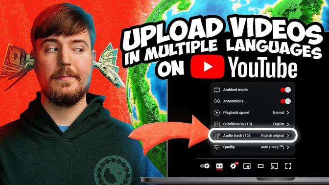 A thumbnail showing Jimmy Donaldson with dollar bills sticking out of his ears, alongside a YouTube interface with the option to select multiple audio tracks, emphasizing 