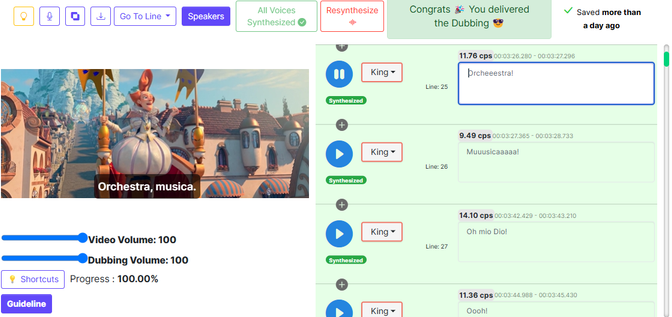 Screenshot of the OLabs interface for AI dubbing, showing the original video with volume controls and guidelines on the left, and subtitle lines with a speaker selection feature on the right.