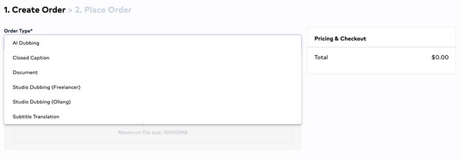 A screenshot of the OLabs order creation page, displaying the initial step in the process. This page shows the available translation methods, which include dubbing, subtitling, document translation, closed captioning, and studio translation.