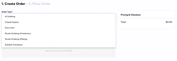 A screenshot of the OLabs order creation page, displaying the initial step in the process. This page shows the available translation methods, which include dubbing, subtitling, document translation, closed captioning, and studio translation.