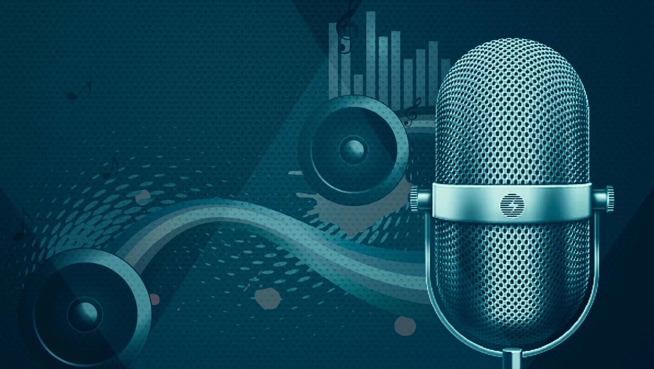A blue microphone and two black speakers connected by a wire on a blue background.