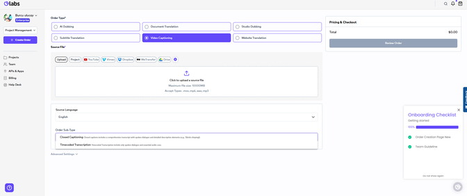 OLabs, Ollang's AI localization platform, order creation page for video captioning, including closed captioning and timecoded transcriptions, with options for video upload and language selection.