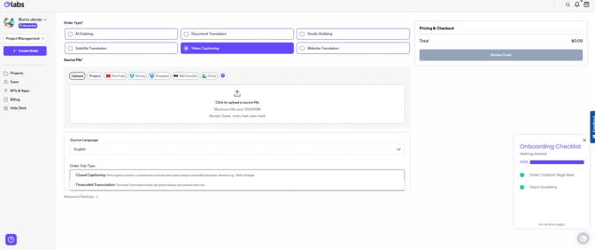 OLabs, Ollang's AI localization platform, order creation page for video captioning, including closed captioning and timecoded transcriptions, with options for video upload and language selection.