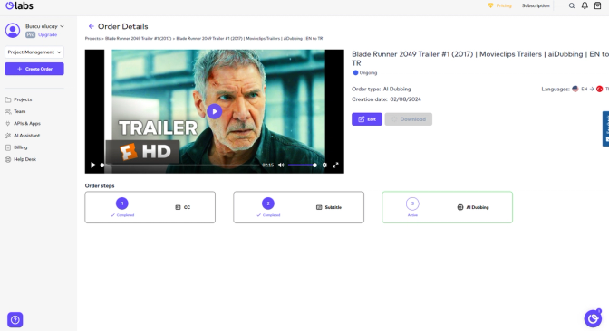 This image shows the OLabs project management interface, highlighting an AI dubbing order for the trailer of Blade Runner 2049, detailing the status, order type, language options, and completion steps.