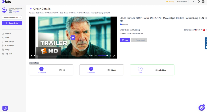This image shows the OLabs project management interface, highlighting an AI dubbing order for the trailer of Blade Runner 2049, detailing the status, order type, language options, and completion steps.