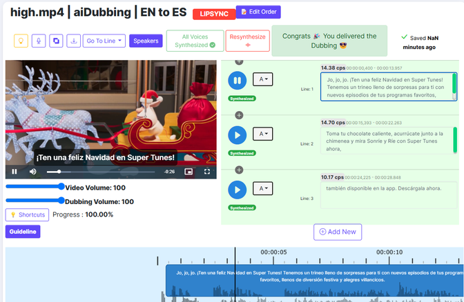 Screenshot of OLabs' AI dubbing tool, showing a video clip, its Spanish translation, and audio editing features.