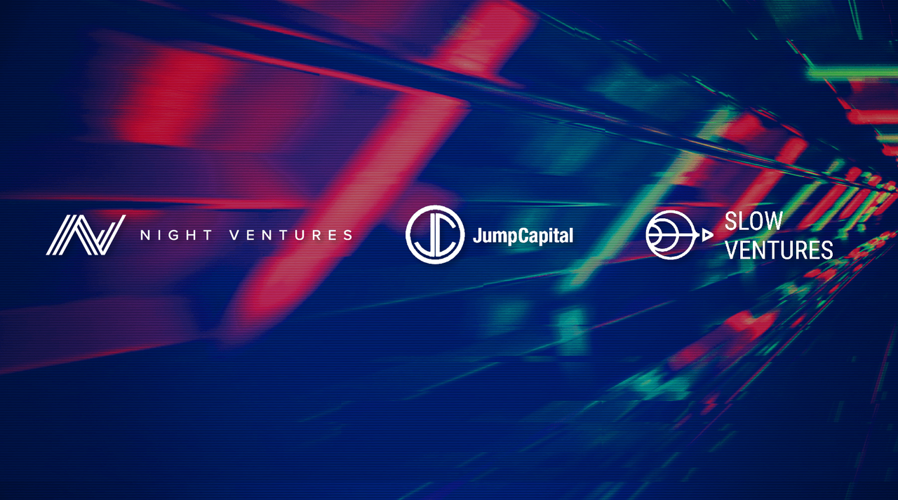 Three company logos arranged horizontally in a row. From left to right, the logos are Night Ventures, Jump Capital, and Slow Ventures. All three logos are displayed on a blue background.