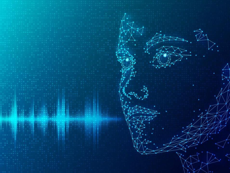 Image of woman's face connected to sound wave, illustrating communication technology.