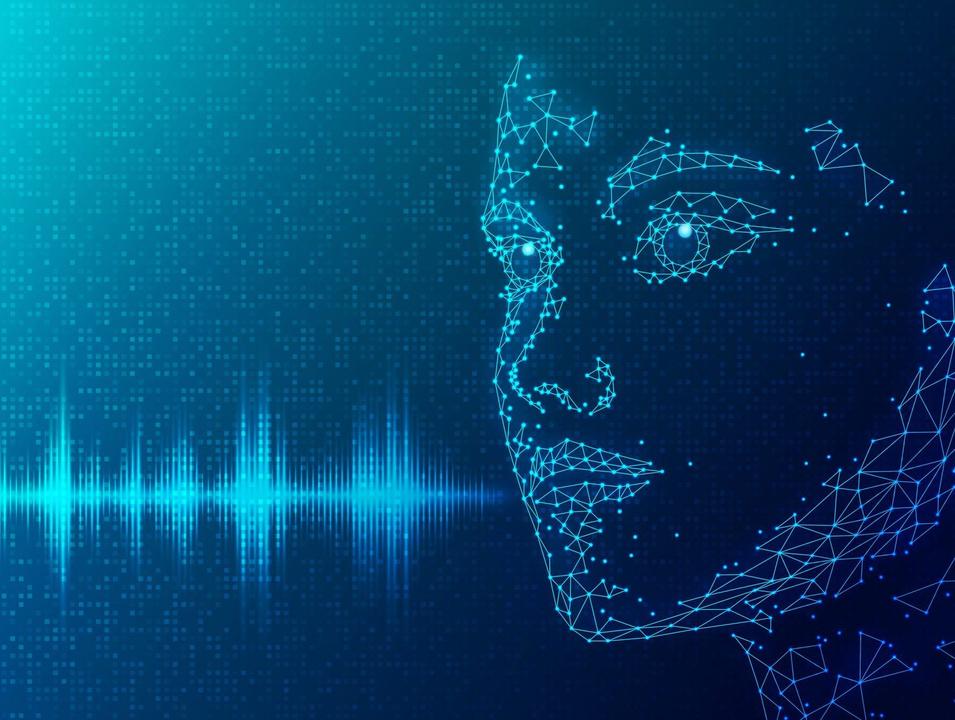 Image of woman's face connected to sound wave, illustrating communication technology.