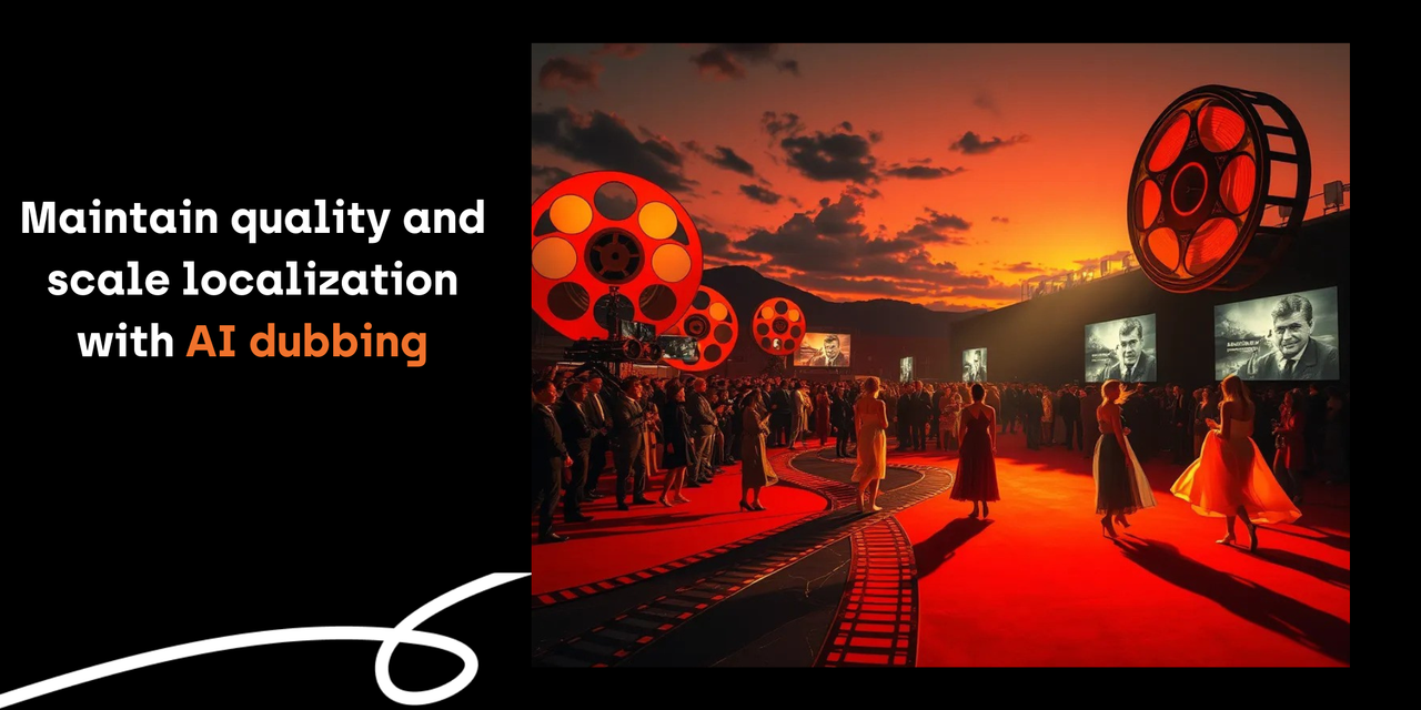 Red carpet event with film reels and projectors at sunset, symbolizing the cinematic industry, with the text 'Maintain quality and scale localization with AI dubbing.'