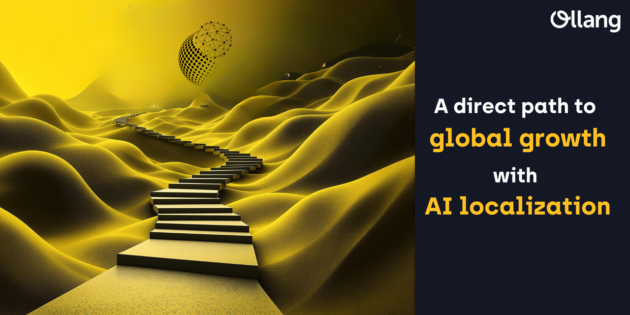 A surreal yellow landscape with sand dunes and a staircase leading to a glowing sphere in the distance. Text reads, "A direct path to global growth with AI localization," with the Ollang logo.